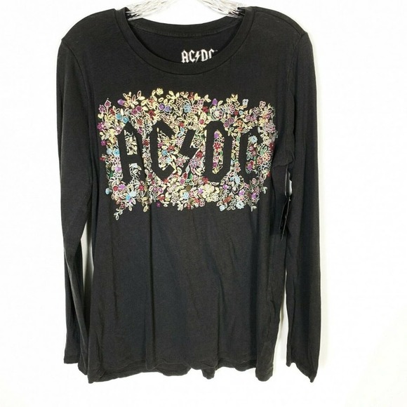 Lucky Brand M Acdc Floral Tee Long Sleeve Black Gray Gold Metallic Tshirt Top - Picture 3 of 7